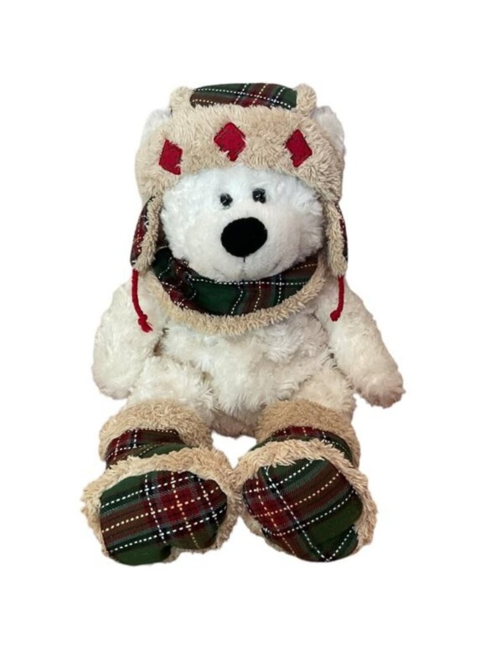 Hugfun Winter White Teddy Bear Plush Plaid Trapper Hat Boots 18" Christmas